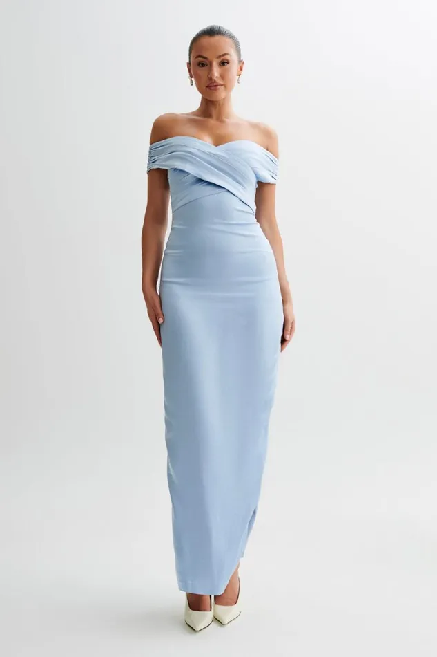Women Meshki Dresses Harley Off Shoulder Satin Maxi Dress 8211 Cornflower Blue