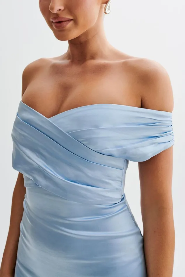 Women Meshki Dresses Harley Off Shoulder Satin Maxi Dress 8211 Cornflower Blue