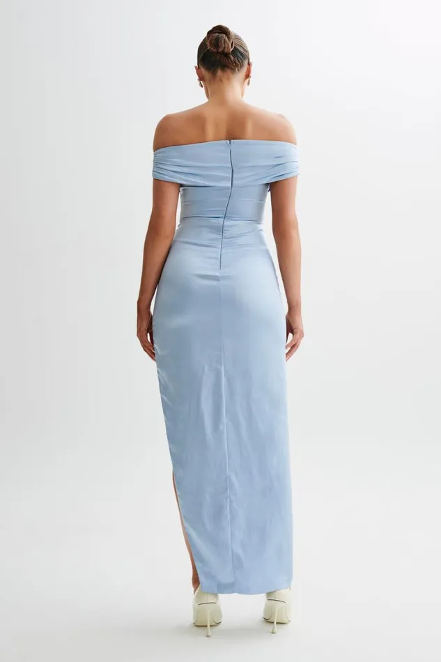 Women Meshki Dresses Harley Off Shoulder Satin Maxi Dress 8211 Cornflower Blue