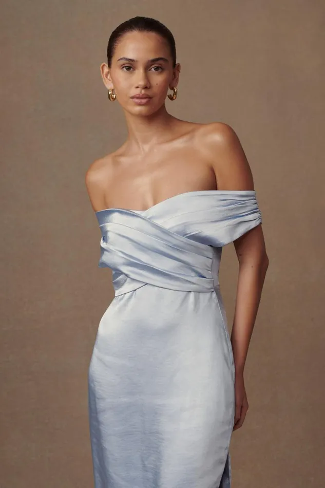 Women Meshki Dresses Harley Off Shoulder Satin Maxi Dress 8211 Cornflower Blue