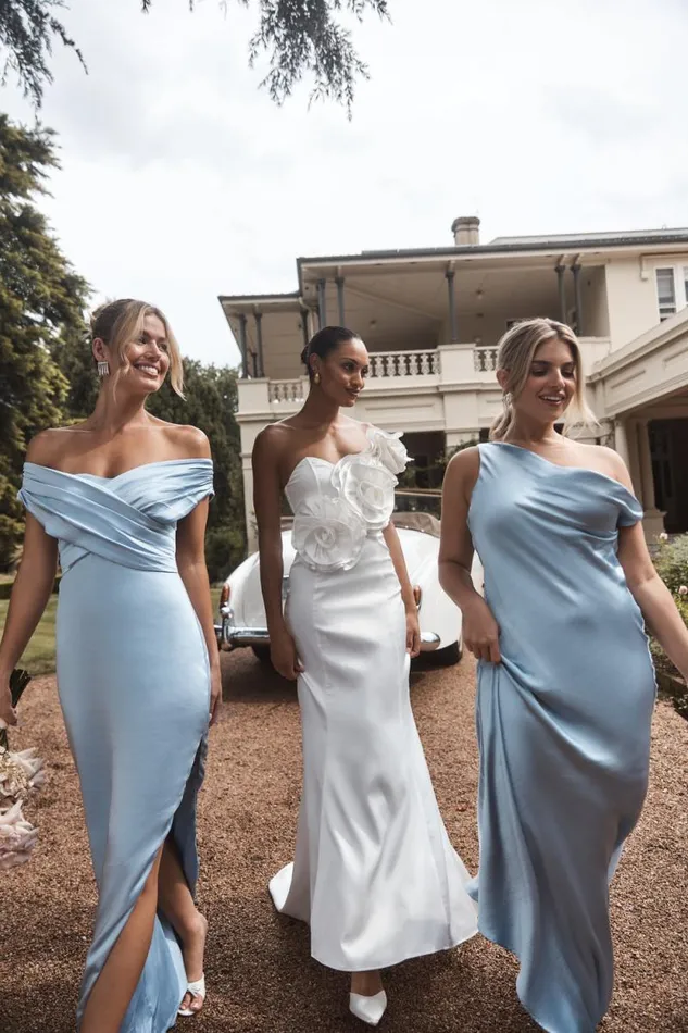 Women Meshki Dresses Harley Off Shoulder Satin Maxi Dress 8211 Cornflower Blue