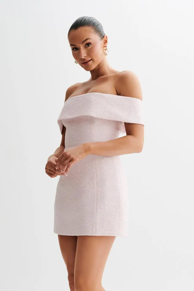 Women Meshki Dresses Helena Tweed Off Shoulder Mini Dress 8211 Pink
