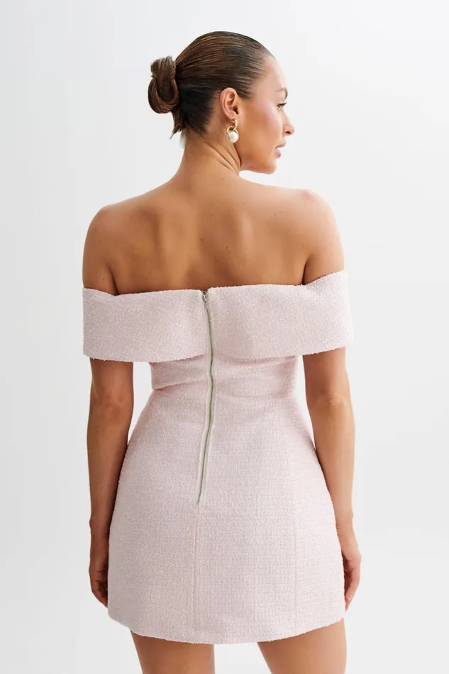 Women Meshki Dresses Helena Tweed Off Shoulder Mini Dress 8211 Pink