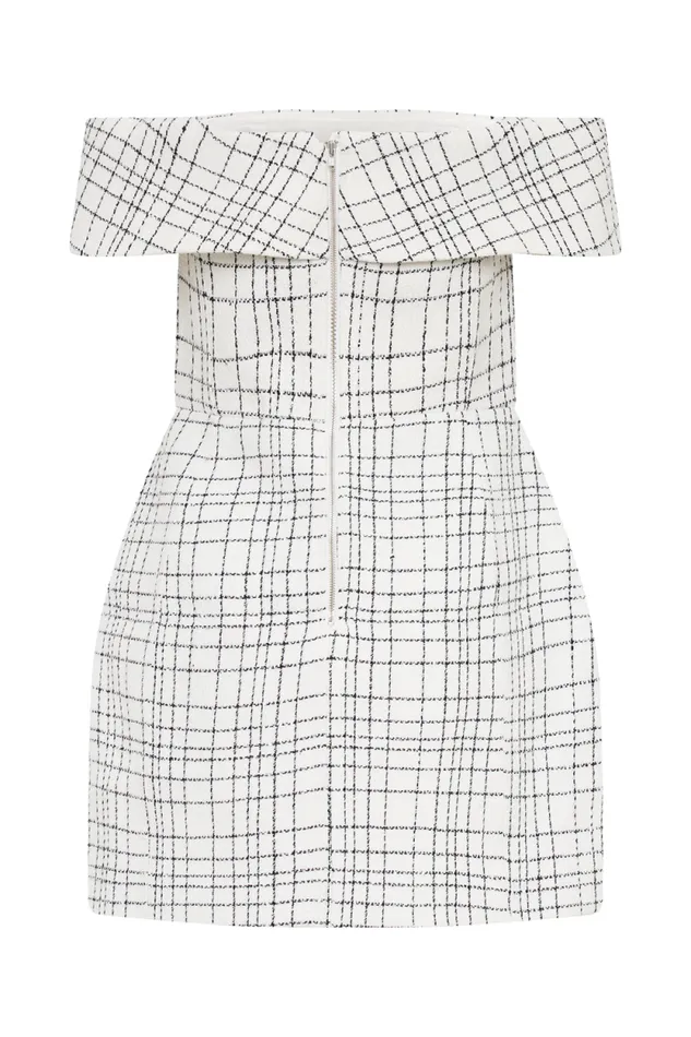 Women Meshki Dresses Helena Tweed Off Shoulder Mini Dress 8211 White Check