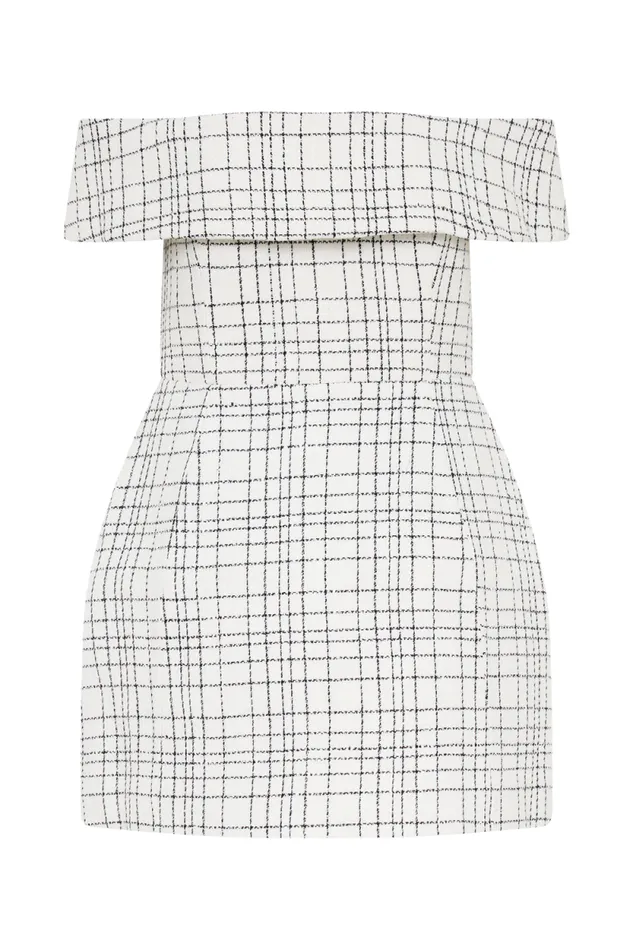 Women Meshki Dresses Helena Tweed Off Shoulder Mini Dress 8211 White Check