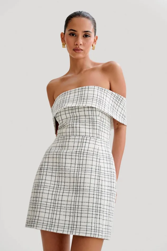 Women Meshki Dresses Helena Tweed Off Shoulder Mini Dress 8211 White Check