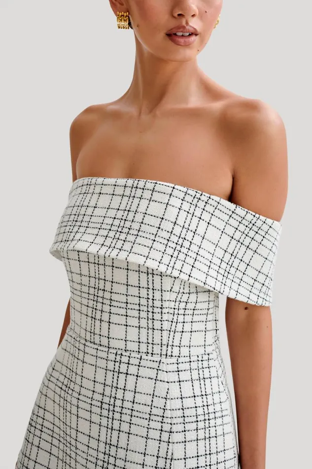 Women Meshki Dresses Helena Tweed Off Shoulder Mini Dress 8211 White Check