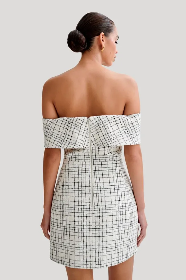 Women Meshki Dresses Helena Tweed Off Shoulder Mini Dress 8211 White Check