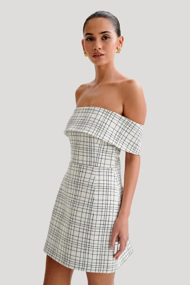 Women Meshki Dresses Helena Tweed Off Shoulder Mini Dress 8211 White Check