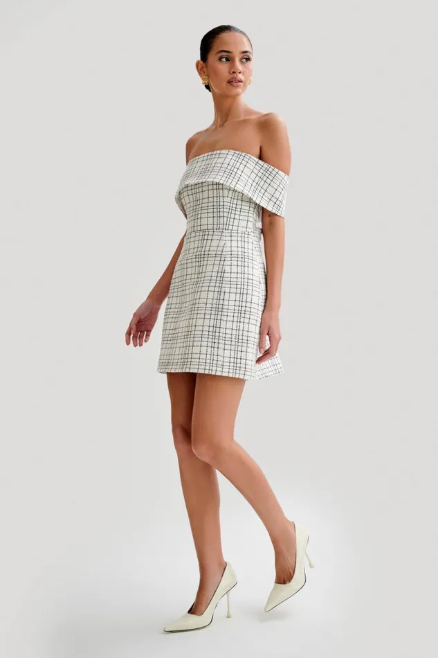 Women Meshki Dresses Helena Tweed Off Shoulder Mini Dress 8211 White Check