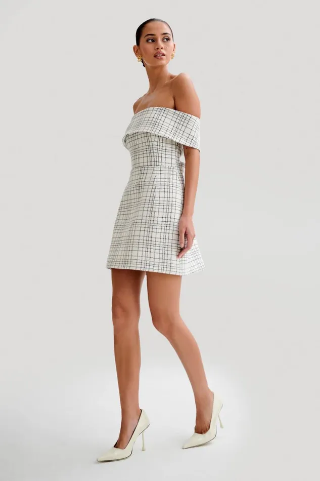 Women Meshki Dresses Helena Tweed Off Shoulder Mini Dress 8211 White Check