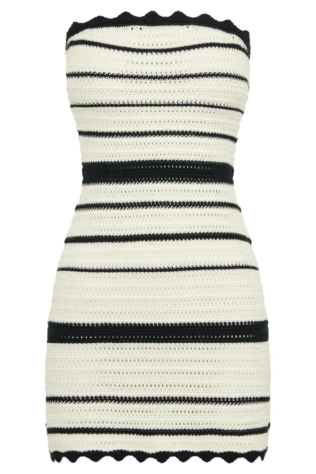 Women Meshki Dresses Jenni Contrast Crochet Knit Mini Dress 8211 BlackWhite