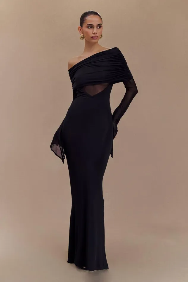 Women Meshki Dresses Kaitlin One Shoulder Slinky And Mesh Maxi Dress 8211 Black