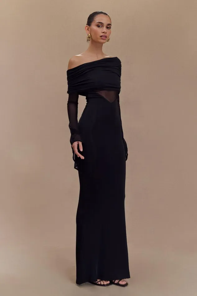 Women Meshki Dresses Kaitlin One Shoulder Slinky And Mesh Maxi Dress 8211 Black