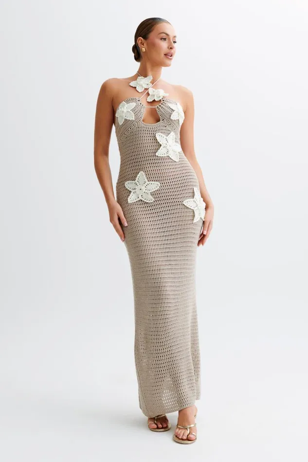 Women Meshki Dresses Kyla Floral Crochet Maxi Dress 8211 TaupeWhite