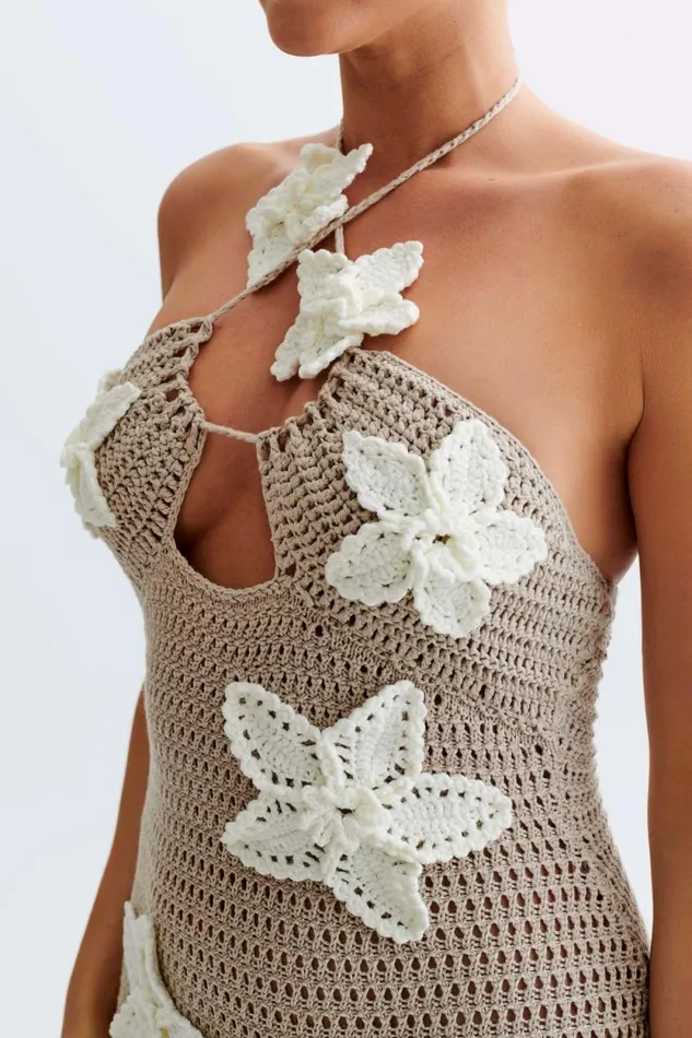 Women Meshki Dresses Kyla Floral Crochet Maxi Dress 8211 TaupeWhite