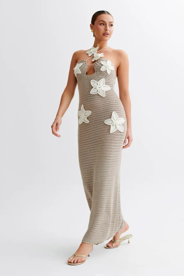 Women Meshki Dresses Kyla Floral Crochet Maxi Dress 8211 TaupeWhite