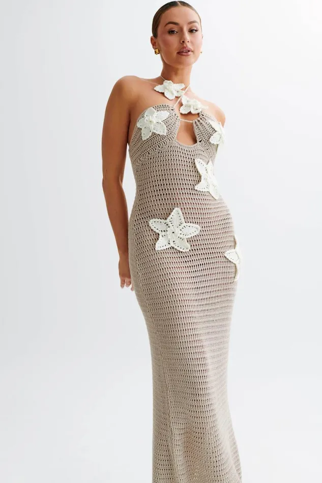 Women Meshki Dresses Kyla Floral Crochet Maxi Dress 8211 TaupeWhite