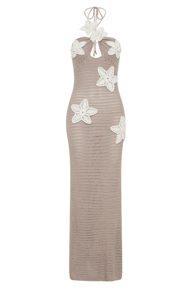 Women Meshki Dresses Kyla Floral Crochet Maxi Dress 8211 TaupeWhite
