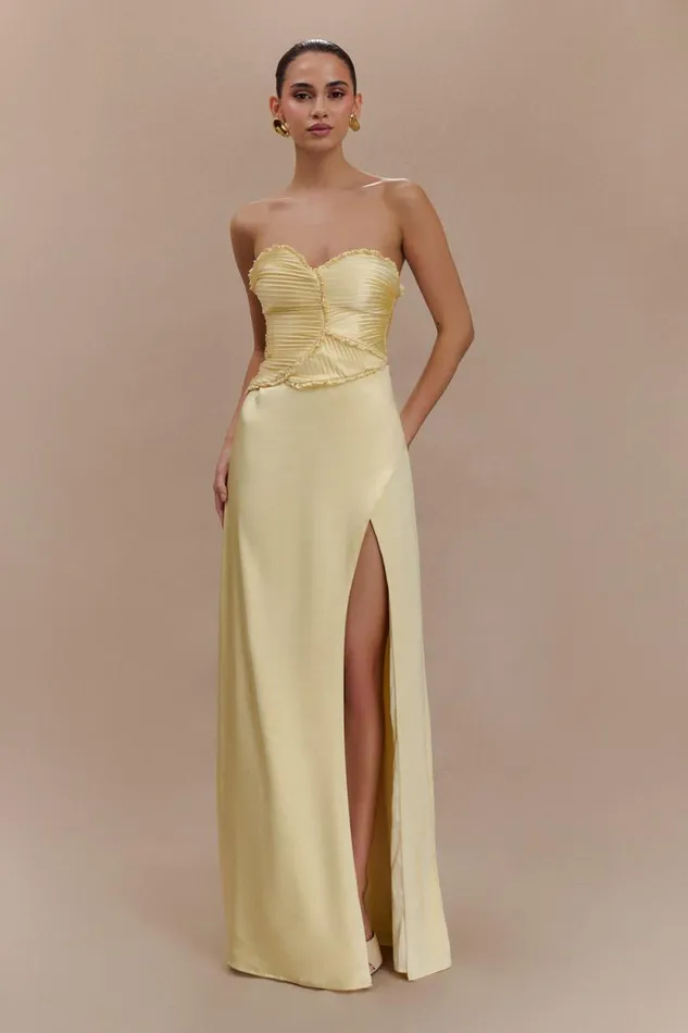 Women Meshki Dresses Larissa Satin Maxi Dress With Ruched Petals 8211 Lemon