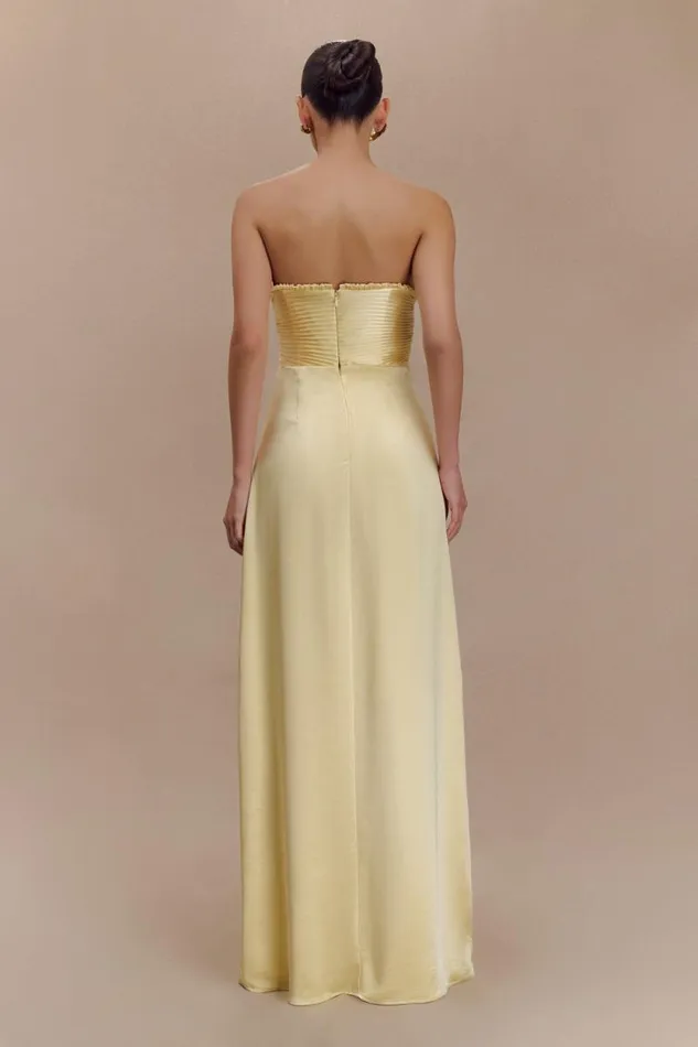 Women Meshki Dresses Larissa Satin Maxi Dress With Ruched Petals 8211 Lemon