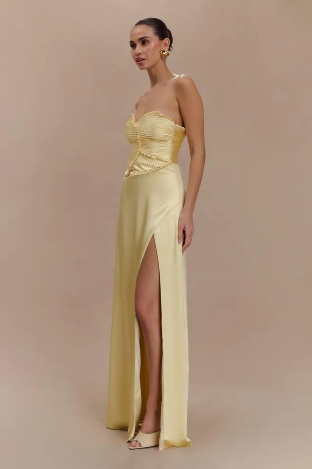 Women Meshki Dresses Larissa Satin Maxi Dress With Ruched Petals 8211 Lemon