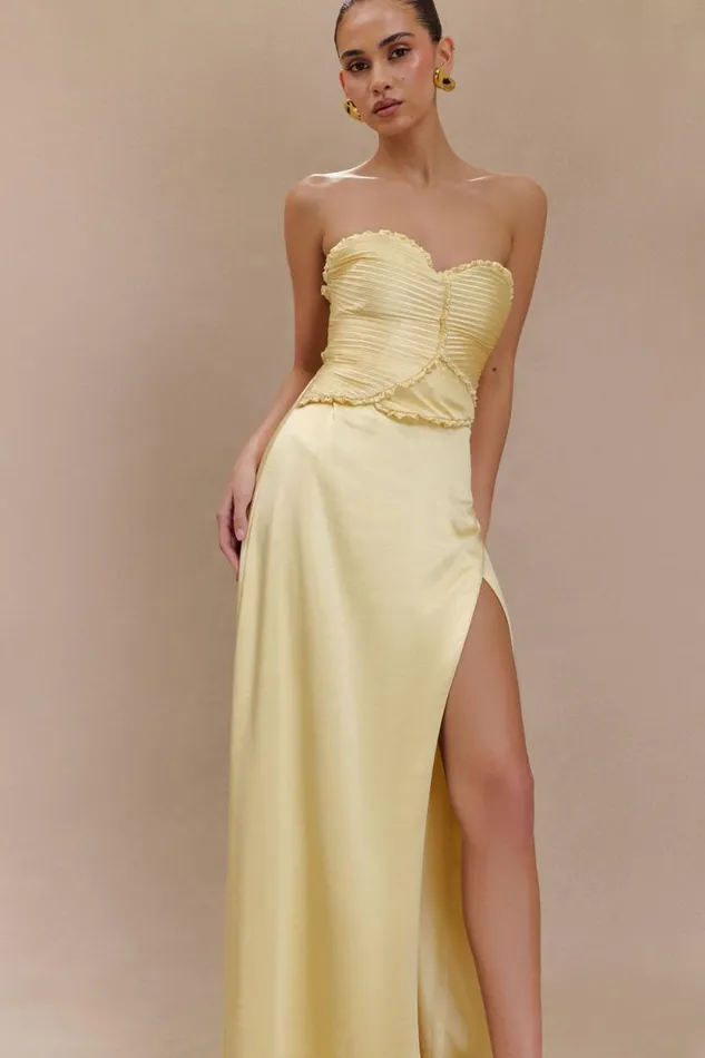 Women Meshki Dresses Larissa Satin Maxi Dress With Ruched Petals 8211 Lemon