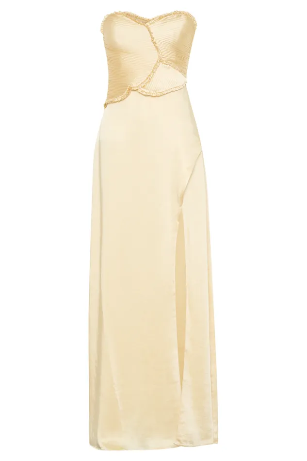 Women Meshki Dresses Larissa Satin Maxi Dress With Ruched Petals 8211 Lemon