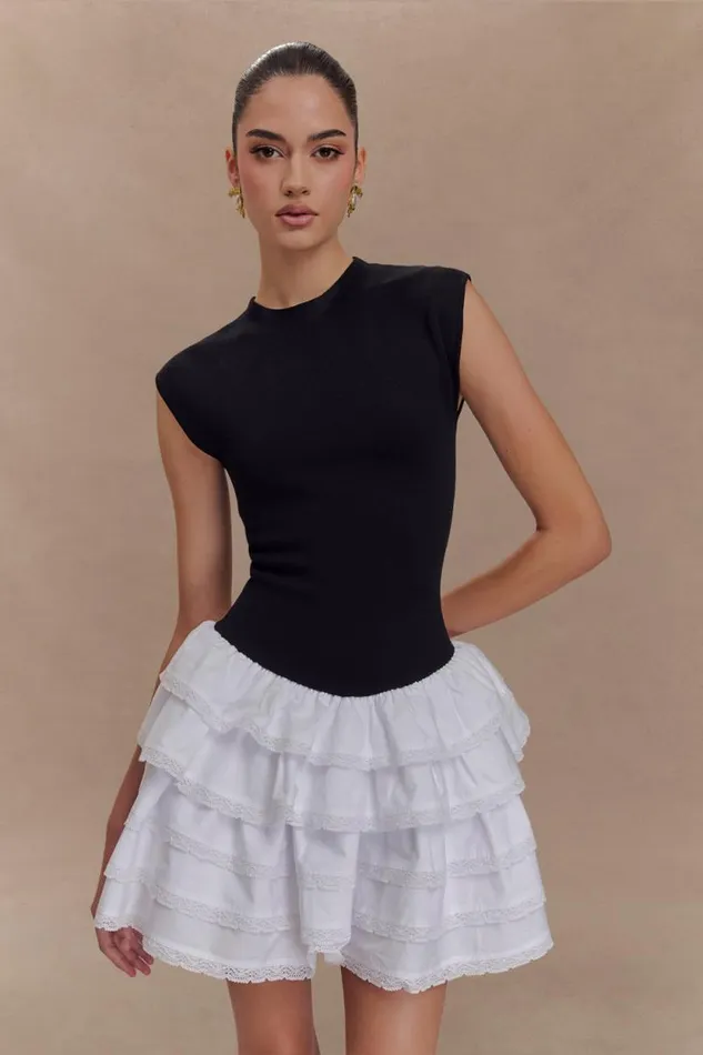 Women Meshki Dresses Maeve Contrast Ruffle Knit Mini Dress 8211 BlackWhite