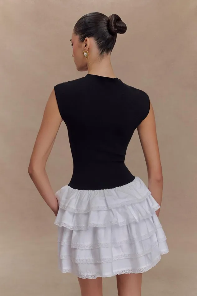 Women Meshki Dresses Maeve Contrast Ruffle Knit Mini Dress 8211 BlackWhite