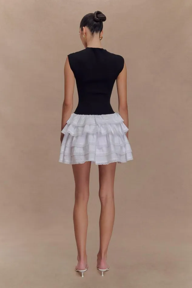 Women Meshki Dresses Maeve Contrast Ruffle Knit Mini Dress 8211 BlackWhite
