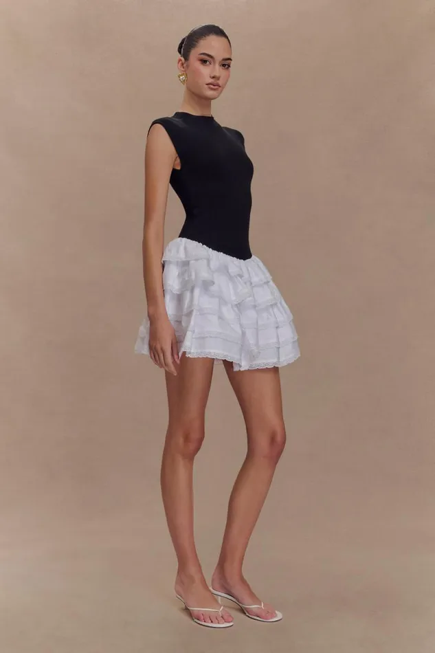 Women Meshki Dresses Maeve Contrast Ruffle Knit Mini Dress 8211 BlackWhite