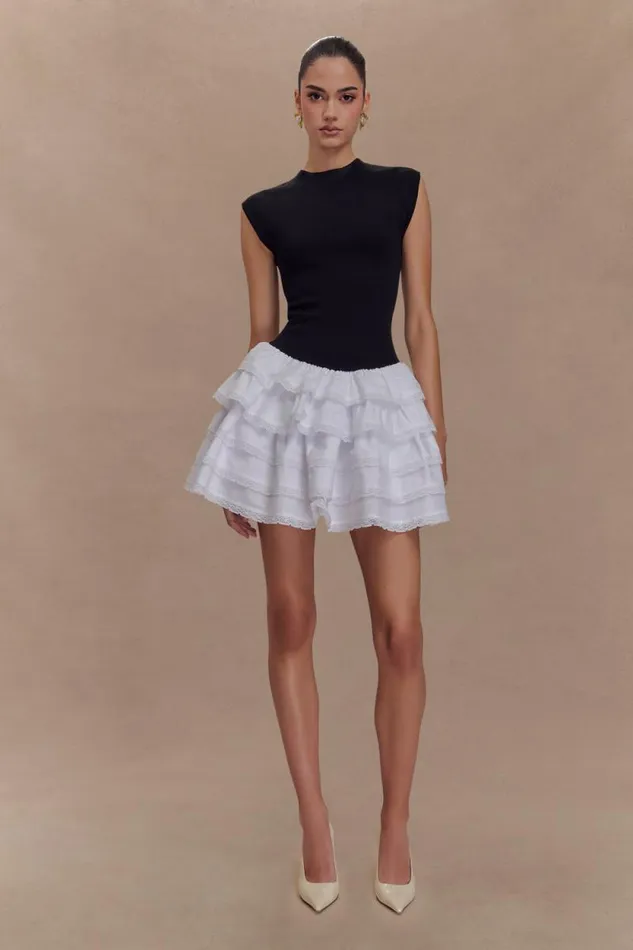 Women Meshki Dresses Maeve Contrast Ruffle Knit Mini Dress 8211 BlackWhite