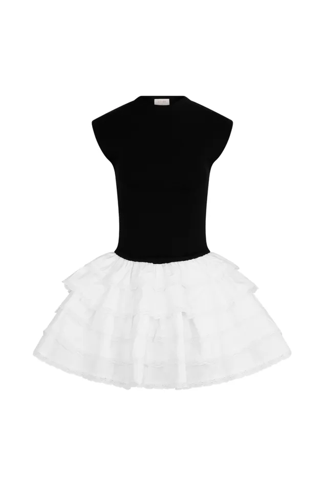 Women Meshki Dresses Maeve Contrast Ruffle Knit Mini Dress 8211 BlackWhite