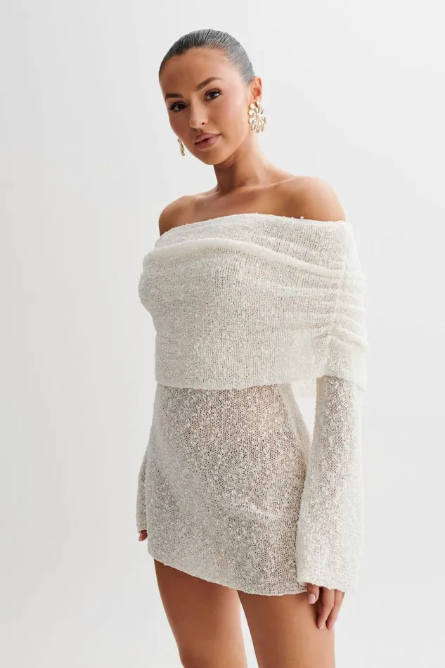 Women Meshki Dresses Marisol Off Shoulder Boucle Mini Dress 8211 Ivory