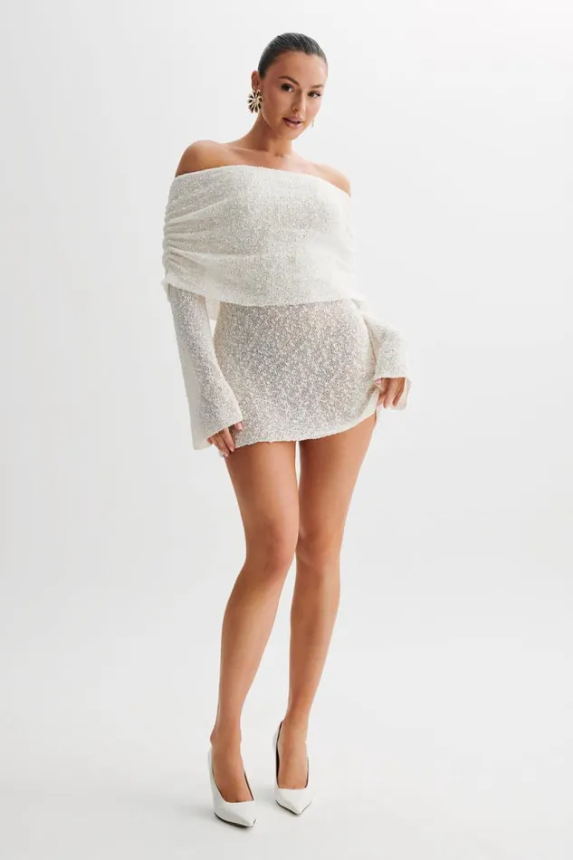 Women Meshki Dresses Marisol Off Shoulder Boucle Mini Dress 8211 Ivory