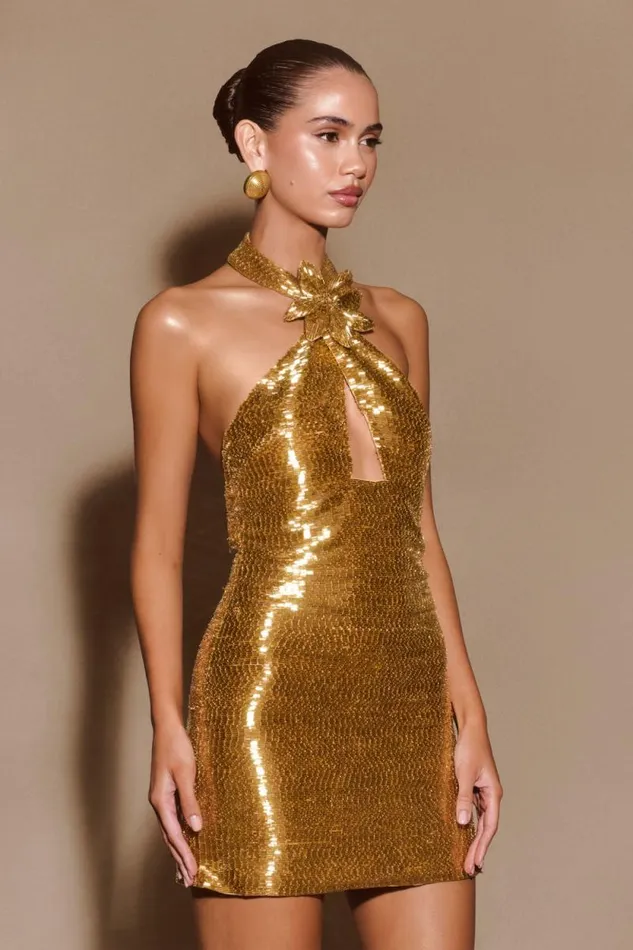 Women Meshki Dresses Nylah Beaded Halter Mini Dress 8211 Gold