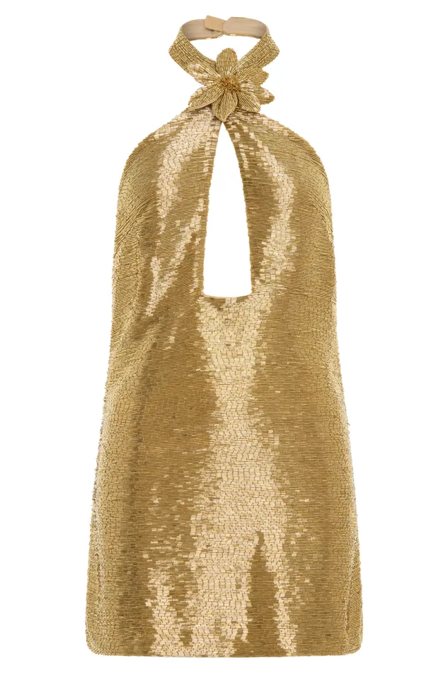 Women Meshki Dresses Nylah Beaded Halter Mini Dress 8211 Gold