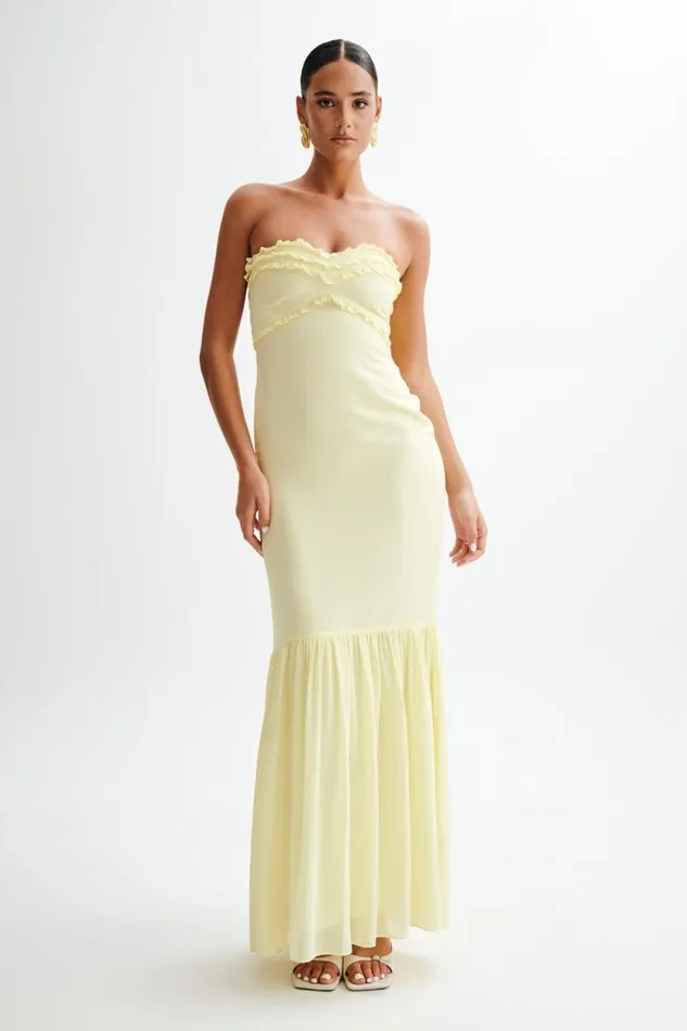 Women Meshki Dresses Olivette Strapless Chiffon Maxi Dress 8211 Lemon Sherbet