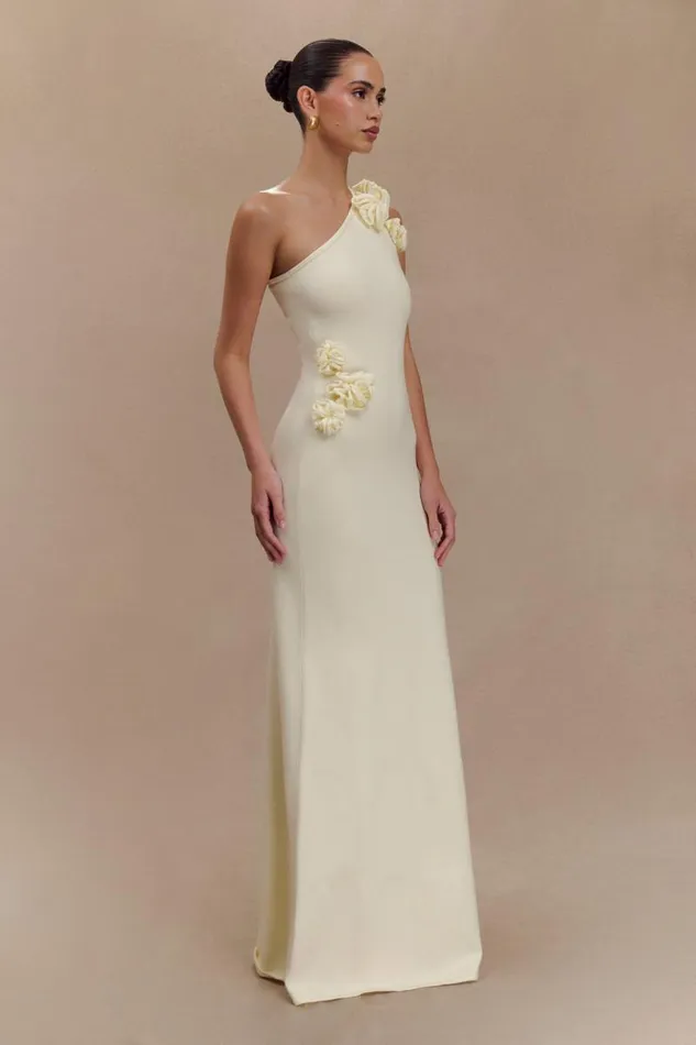 Women Meshki Dresses Paloma One Shoulder Knit Maxi Dress With Flowers 8211 Ivory