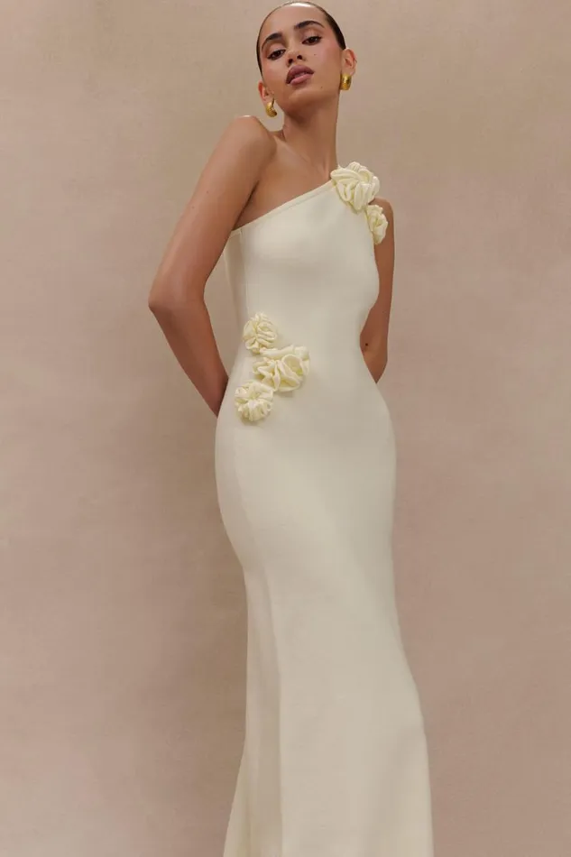 Women Meshki Dresses Paloma One Shoulder Knit Maxi Dress With Flowers 8211 Ivory