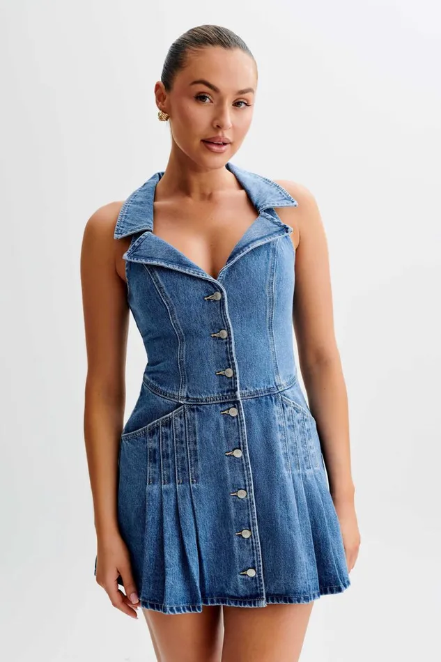 Women Meshki Dresses Porter Collared Denim Mini Dress 8211 70039S Blue