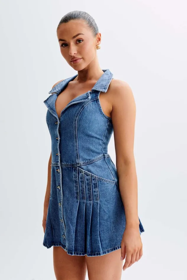 Women Meshki Dresses Porter Collared Denim Mini Dress 8211 70039S Blue