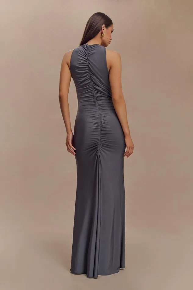 Women Meshki Dresses Priya Slinky Ruched Halter Maxi Dress 8211 Dark Charcoal