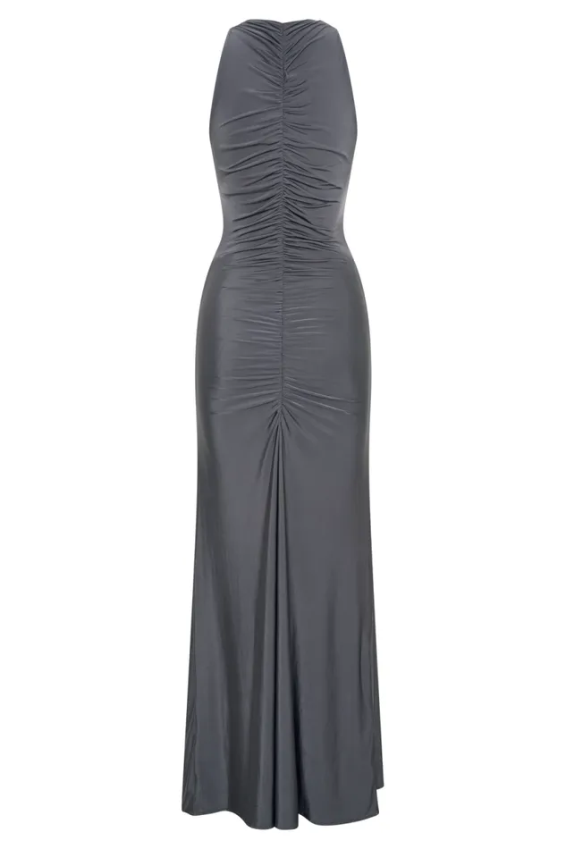 Women Meshki Dresses Priya Slinky Ruched Halter Maxi Dress 8211 Dark Charcoal