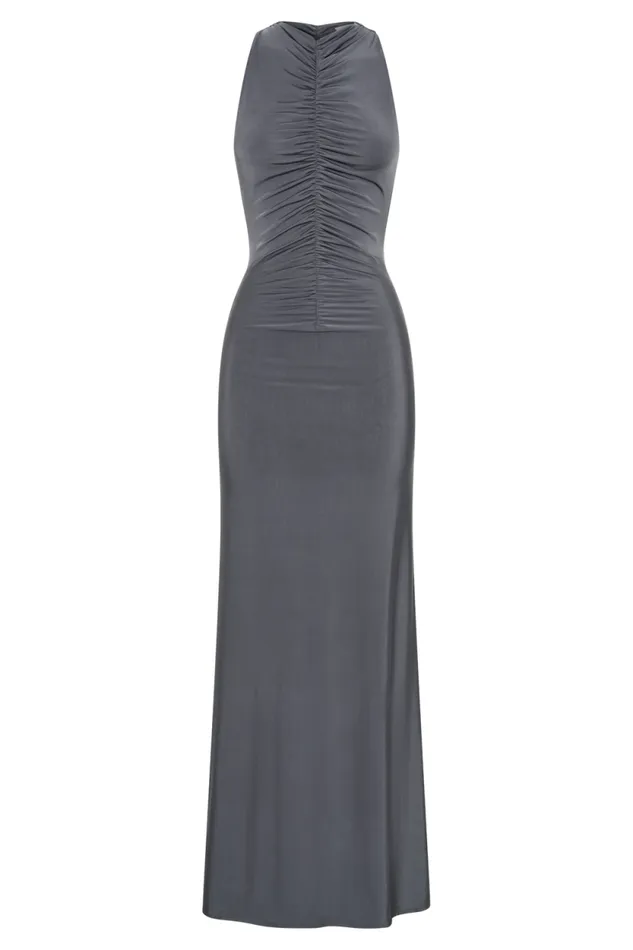 Women Meshki Dresses Priya Slinky Ruched Halter Maxi Dress 8211 Dark Charcoal