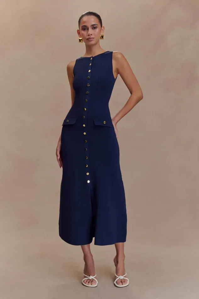 Women Meshki Dresses Sawyer Sleeveless Buttoned Maxi Dress 8211 Navy