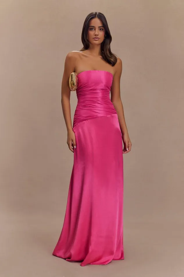 Women Meshki Dresses Serena Strapless Taffeta Maxi Dress 8211 Crimson Pink