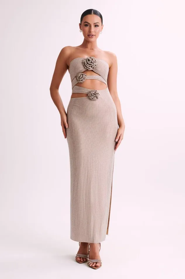 Women Meshki Dresses Stassie Strapless Rose Diamante Maxi Dress 8211 Nude