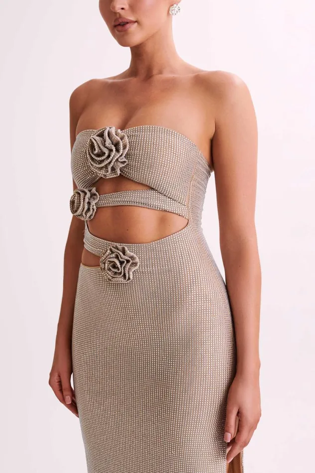 Women Meshki Dresses Stassie Strapless Rose Diamante Maxi Dress 8211 Nude